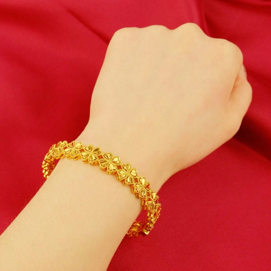 1 件 24k 铜镀金心形四叶花可开口手链迪拜欧美流行款式适合日常佩戴情人节、妈妈、母亲、母亲节、礼物