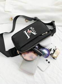 This Minimalist Chest Bag, Strap Bag, Sports & Fitness Bag Features Floral & A-Z Letter Pattern Designs. It Is A Versatile Women's Wallet, Shoulder Bag, Waist Pack, Coin Purse, Small Bag, Outdoor Chest Pack, Phone Storage Pack, Multi-Functional Yoga Pocket Waist Bag, Waterproof Sports Adjustable Shoulder Bag. Suitable For Sports, Running, Travel, Hiking, And The First Day Of School, Allowing You To Be Fashionable And Organized. - Black - View 5