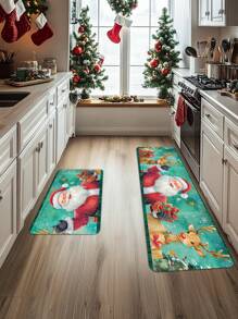 1PC/2PCS Memory Sponge Farmhouse Christmas Kitchen Carpet, Christmas Element Pattern Printing Decoration, Door Door Carpet Anti Slip Back Mat, Bedroom Bathroom Kitchen Floor Mat, Christmas Decoration