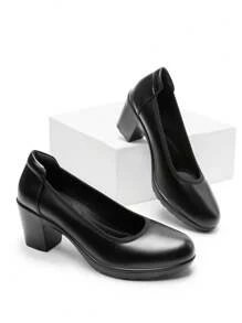 Women's Chunky Round Toe Low Block Heels Pumps Closed Toe Comfortable Elegant Work Dress Shoes With Arch Support - màu đen - Xem 2