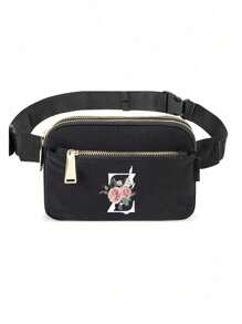This Minimalist Chest Bag, Strap Bag, Sports & Fitness Bag Features Floral & A-Z Letter Pattern Designs. It Is A Versatile Women's Wallet, Shoulder Bag, Waist Pack, Coin Purse, Small Bag, Outdoor Chest Pack, Phone Storage Pack, Multi-Functional Yoga Pocket Waist Bag, Waterproof Sports Adjustable Shoulder Bag. Suitable For Sports, Running, Travel, Hiking, And The First Day Of School, Allowing You To Be Fashionable And Organized. - Black - View 22
