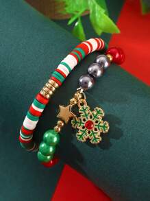 Set de 3 piezas: Pulsera y colgante de arcilla polimérica con perlas falsas hechas a mano para Navidad para mujeres