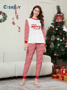 2pcs Christmas Letter Blessing Pattern Classic Red & White Striped Combination Print Round Neck Long Sleeve Drawstring Women Home Pajama Set