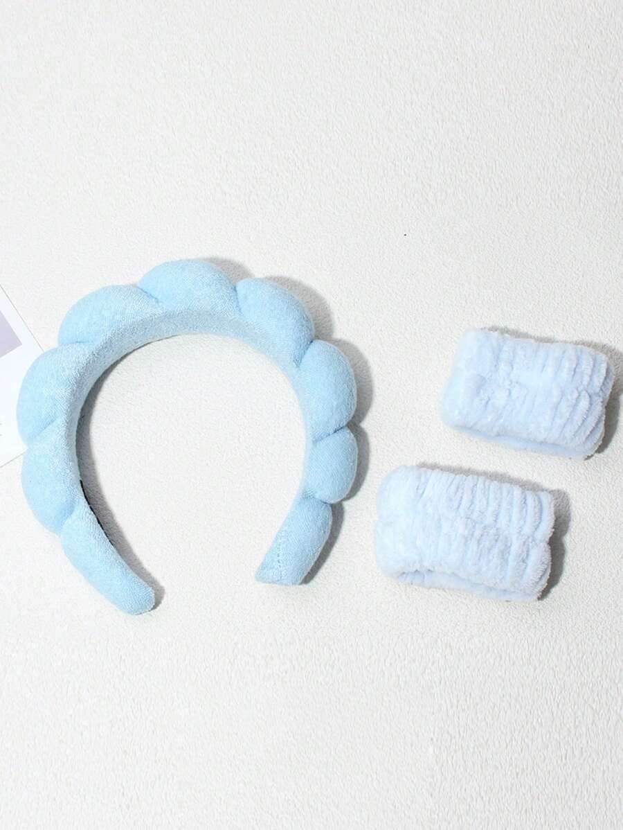 1 件洗脸头带/2 件洗脸腕带/3 套水疗头带/4 套洗脸头带、护肤蝴蝶结头带、一对洗脸腕带、化妆头带、洗脸头带、护肤头带、天鹅绒蓬松海绵头带、蝴蝶结、泡泡、水疗头带、发带、发箍、发饰 - 藍色 - 查看 1