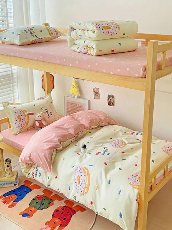 Conjunto de 4 peças (1 capa de edredom + 1 lençol com elástico + 2 fronhas), roupa de cama escovada adequada para beliches de dormitório estudantil, todas as estações, casa de bonecas, berçário, quarto infantil