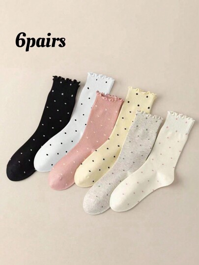 6 Pairs Dot Lace Trim Socks For Women, Polka Dot Mid-Calf Socks With Ruffle Hem, Autumn/Winter, Fall