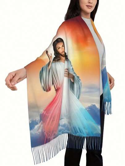 Chal con estampado de Jesús y flecos - Accesorio de moda suave y multifuncional adecuado para vestidos y abrigos | Regalo ideal para mujeres | Bufanda elegante para uso casual en todas las estaciones