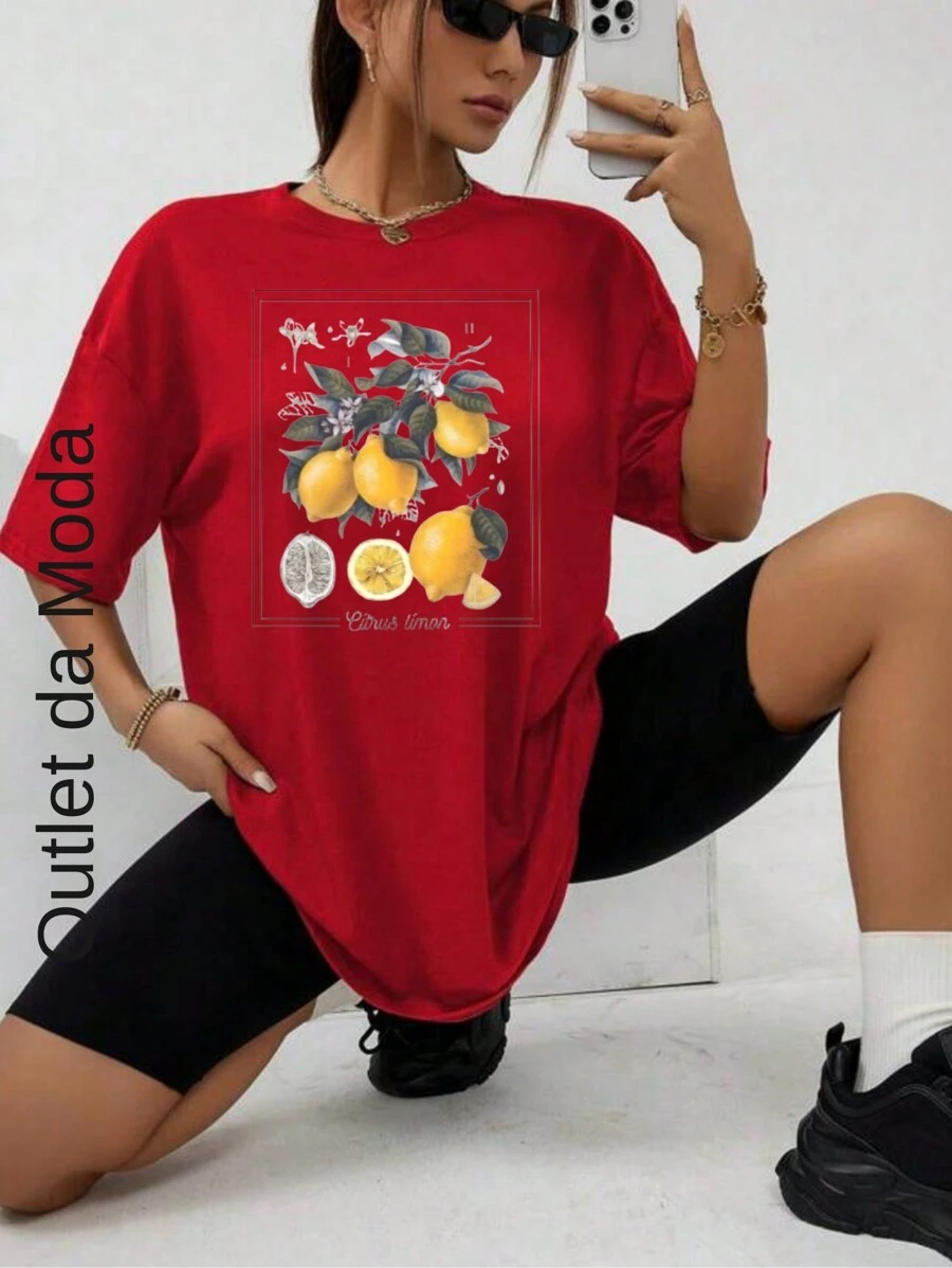 Women's Oversized T-Shirt With Lemon Leaf Print 100% Cotton T-Shirt - 紅色 - 查看 1