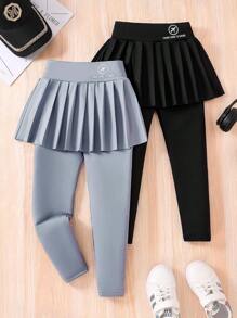2pcs/Set Girls Fashion Casual Pants Suit, Girl Spring/Autumn Solid Color Elastic Waist Ruffle Long Pants, Girls Daily Sporty Solid Color Soft And Warm Simple Fit Autumn Outfit, Young Girl Elementary School Comfortable