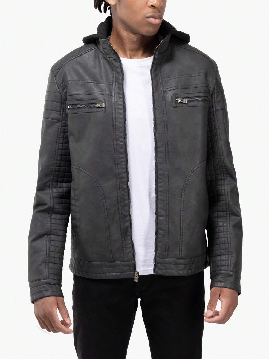 Men's PU Leather Jacket With Hood And Faux Shearling Lining - 鋼 - 查看 1