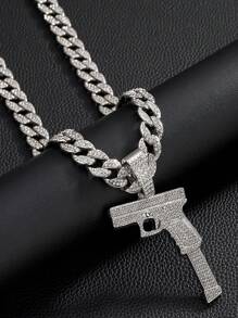 1pc European And American Style Men's Fashion Personality Hip Hop Gun Shaped Pendant Necklace With Full Rhinestones, Suitable For Jewelry Festival Parties