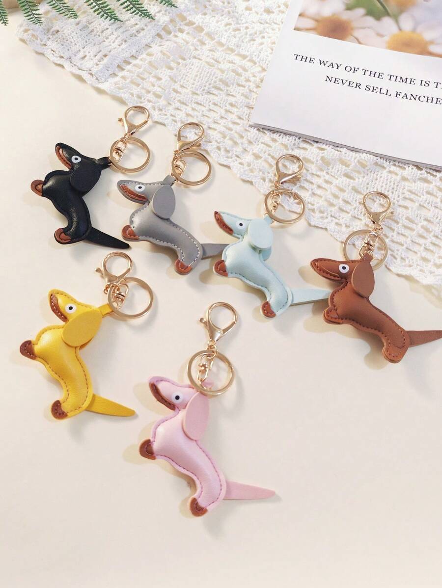 1个可爱卡通腊肠犬皮革钥匙扣，可作包包挂饰、汽车配件、万圣节饰品、教师节礼物、圣诞节礼物、挂绳（带证件夹）、汽车饰品、包包挂饰、汽车饰品、朋友或姐妹礼物 - 彩色 - 查看 1