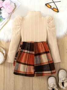 2pcs/Set Young Girl Fashion Casual Puff Sleeve Top + Bow Plaid Skirt Shorts Set