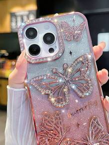 Pink Silicon Rhinestones Butterfly IPhone 16 Pro Max Case, Electroplating Soft Phone Cover Compatible With Iphone 15, 14 Pro, 13, 12, Unique Design For Women, Compatible With Samsung S25
