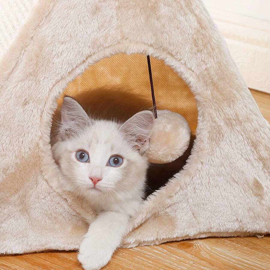 Foldable Triangular Cat Scratching Board Plush Cat Bed Tent Cat Self
