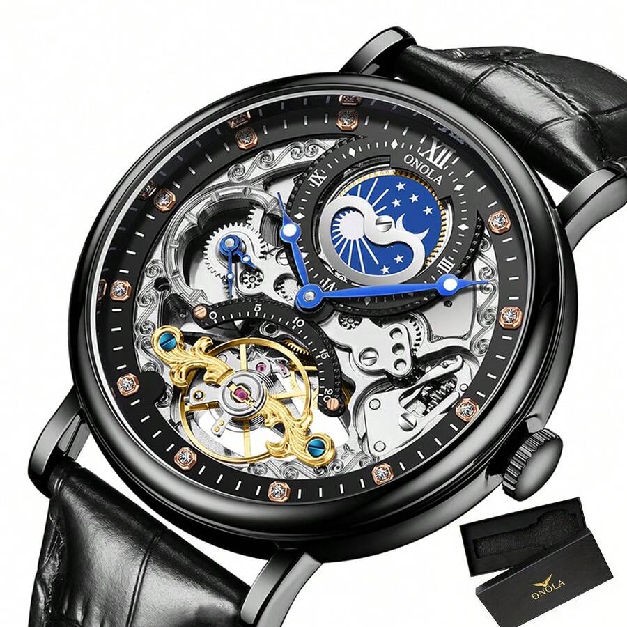 ONOLA Mechanical Watches Hollow Skeleton Business Luxury Automatic Moon Phase Watch Waterproof - 黑色 - 查看 1