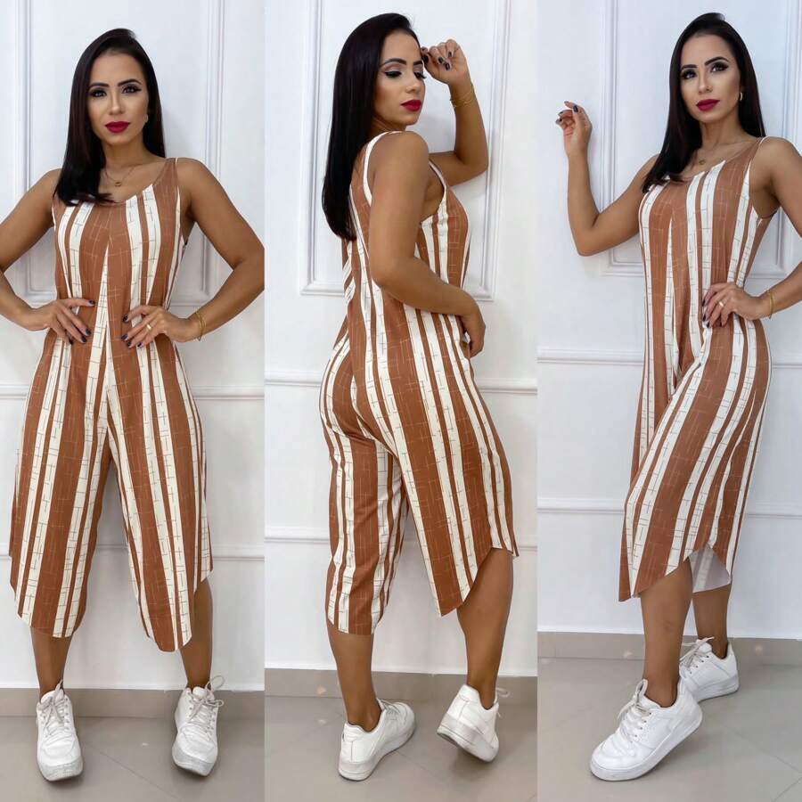 Striped Jumpsuit One Size Fits All Sizes 40 To 44 - 駝色 - 查看 1