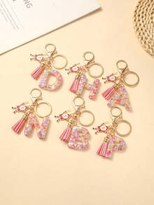 1pc Christmas Santa Claus Key Chain With Alphabet Resin Charm & Butterfly Tassel, For Girls - Pink - View 5