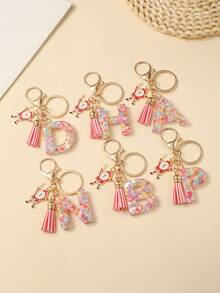 1pc Christmas Santa Claus Key Chain With Alphabet Resin Charm & Butterfly Tassel, For Girls - Pink - View 4