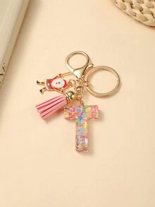 1pc Christmas Santa Claus Key Chain With Alphabet Resin Charm & Butterfly Tassel, For Girls - Pink - View 8