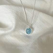 1pc Luxury Silver-Color Aquamarine Necklace, Women Minimalist Design Clavicle Chain, Sweater Chain Snake Bone Chain Accessory,Fashionable Chic Geometric Oval Pendant Necklace, Suitable For Daily & Date Wear