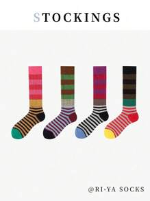1/2/4/6 Pairs Random Autumn/Winter Styles, Multicolor Gradient Striped Socks, Slimming Leg, Fitted Calf Socks, Fashion Versatile, Suitable For Outdoor Sports, Fitness, Campus Daily Wear, Soft Comfortable Breathable, Odor-Resistant Warm, Slimming Women Calf Socks, Long Socks, Comfortable Warm - Multicolor - View 3