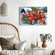 1 Pc Christmas Canvas Wall Art With Wood Frames Art Works Winter Poster Prints Farmhouse Truck Dogs Hanging Wall Pictures Decoration For Holiday Living Room Bedroom Bathroom - 彩色 - 查看 3