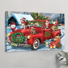 1 Pc Christmas Canvas Wall Art With Wood Frames Art Works Winter Poster Prints Farmhouse Truck Dogs Hanging Wall Pictures Decoration For Holiday Living Room Bedroom Bathroom - 彩色 - 查看 1