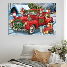 1 Pc Christmas Canvas Wall Art With Wood Frames Art Works Winter Poster Prints Farmhouse Truck Dogs Hanging Wall Pictures Decoration For Holiday Living Room Bedroom Bathroom - 彩色 - 查看 5