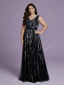 Vestido de festa plus size com decote em V, sem mangas, drapeado, longo, de alta qualidade, para festa, convidado de casamento, vestido formal