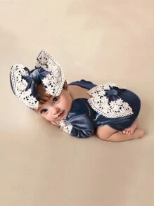 Bộ 2 bộ đồ liền thân nhung viền ren và băng đô cho trẻ sơ sinh, trang phục nơ cho bé, quần áo chụp ảnh cho bé gái, quà tặng trang trí gia đình tiệc mừng em bé, quà tặng lễ Phục sinh cho bé gái/bé trai - Nhiều màu - Xem 7