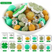 55Pcs/Bag Fruit Flower Cactus Silicone Focal Beads Round Beads Silicone Lentil Beads Set Use For Beadable Pen Keychain DIY Handmade Accessories