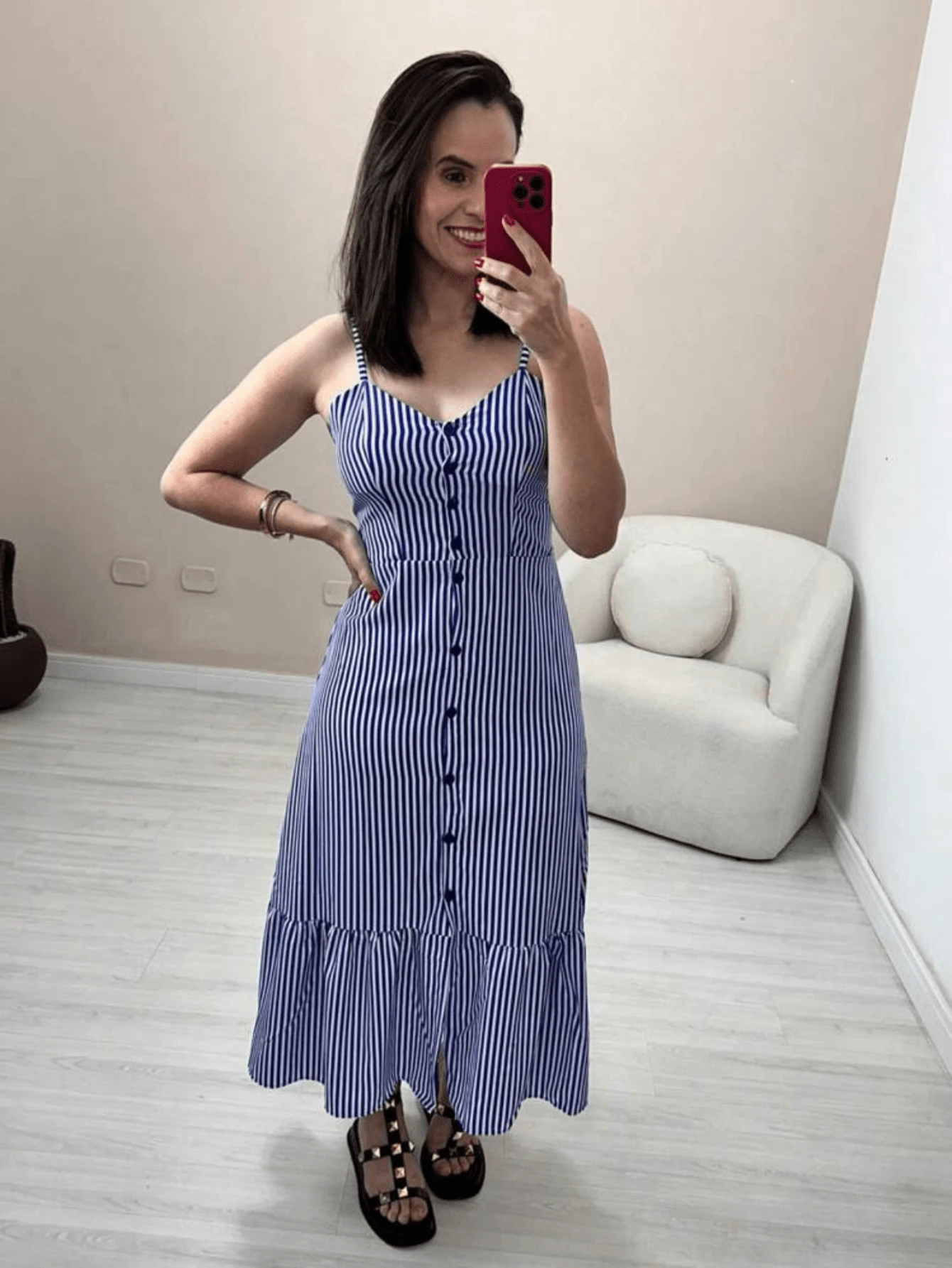 Long Crepe Dress With Padded Bra And Buttons - 藍色 - 查看 1