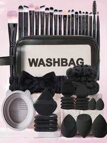 45 Pcs Makeup Brush Set, Includes: 20pcs Makeup Brushes (Foundation, Powder, Eyebrow, Blush, Highlighter, Eyeshadow, Mascara, Eyeliner, Contour, Detail, Nose Shadow, Face), 1 Makeup Bag, 3 Makeup Sponges, 5 Powder Puffs, 10 Finger-Tip Powder Puffs, 3 Mini Makeup Sponges, 1 Makeup Brush Cleaning Palette, Suitable For All Skin Types, Perfect For Summer Makeup