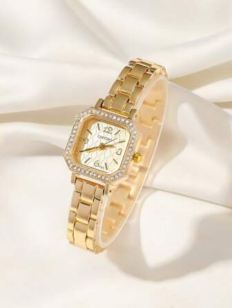  1pc CARYINO Women Stainless Steel Square Silver-Color Watch Band. Classic Elegant, Versatile And Refined, Embedded Diamond Quartz Watch, Suitable For Everyday Use