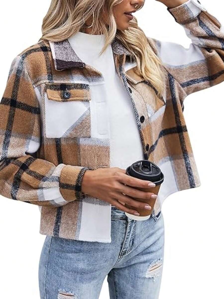 女式春季前扣长袖口袋格子休闲夹克，格子衬衫休闲长袖外套，女式 - 卡其色 - 查看 1