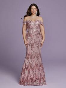 加大码露肩刺绣串珠泡泡下摆高端晚礼服、派对礼服、正式礼服、婚礼宾客礼服 - 粉色 - 查看 5