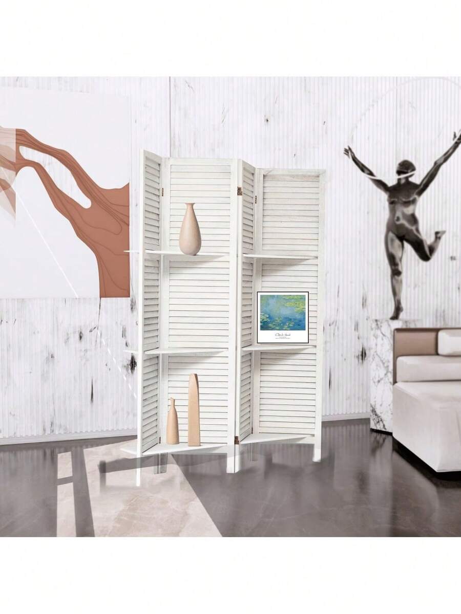 Room Divider 4 Panel, White Room Divider With Shelves, Wall Room