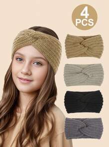 4 Packs Solid Color Criss-Cross Knit Headbands - Stretchy Ear Warmers For Tween Teen Girls 8-16 Years, Warm Windproof For Winter Daily Casual & Outdoor Wear - Multicolor - View 3