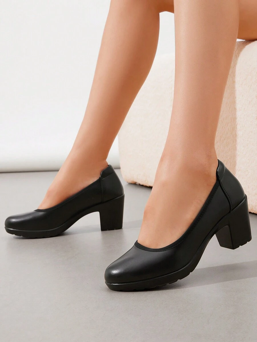 Women's Chunky Round Toe Low Block Heels Pumps Closed Toe Comfortable Elegant Work Dress Shoes With Arch Support - màu đen - Xem 1