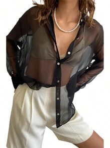 Womenacute;s Blouse, Lapel Collar Long Sleeve Button-Down See-Through Loose Shirt for Ladies - Negro - Ver 2