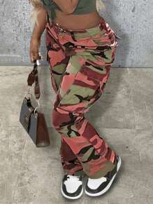 Women's Camouflage Work Pants Streetwear - Outdoor Pants With Multiple Pockets And Zipper Details, Suitable For Women's Urban Combat Style Casual Pants - 紅色 - 查看 2