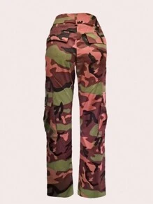 Women's Camouflage Work Pants Streetwear - Outdoor Pants With Multiple Pockets And Zipper Details, Suitable For Women's Urban Combat Style Casual Pants - 紅色 - 查看 3