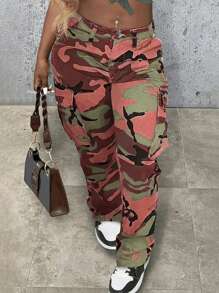 Women's Camouflage Work Pants Streetwear - Outdoor Pants With Multiple Pockets And Zipper Details, Suitable For Women's Urban Combat Style Casual Pants - 紅色 - 查看 4