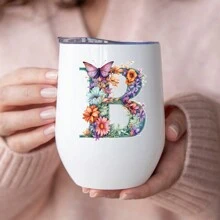 1 pieza Vaso de viaje aislado con tapa, en forma de huevo, de acero inoxidable de 12 onzas, con estampado de mariposa y flor, un gran regalo para familiares y amigos