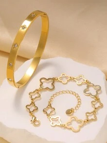 Vòng tay Clover Zirconia bằng thép không gỉ thiết kế sang trọng với họa tiết hoa dày đặc, phù hợp để đeo hàng ngày cho phụ nữ - Vàng - Xem 8