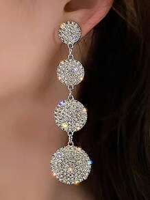 1pair Luxury Full Rhinestone Round Long Earrings, Minimalist Korean Style Jewelry - Multicolor - View 12