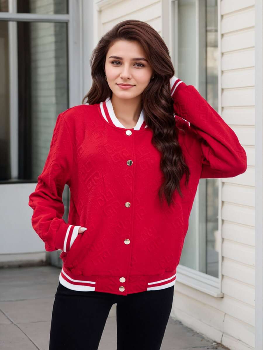 Women's Lightweight Baseball Jacket - Versatile Stitching Fabric Outerwear With Multi-Fabric Options And Unique Patterns - 紅2 - 查看 1