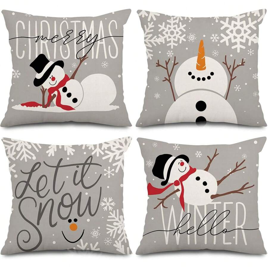 4 件灰色枕套雪人枕套冬季靠垫套适用于家庭农舍沙发车装饰单面无枕芯圣诞节圣诞装饰圣诞装饰品圣诞装饰