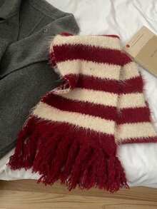 1 chiếc khăn quàng cổ dệt kim sọc thời trang dành cho nữ mùa đông màu đỏ và trắng, màu sắc đối lập để giữ ấm và lạnh, quà tặng Giáng sinh, khăn quàng cổ tua rua - Đỏ và trắng - Xem 5